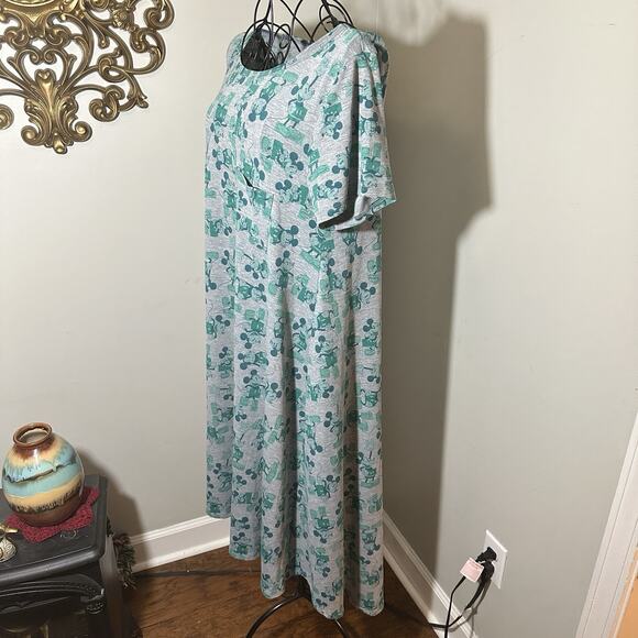 LuLaRoe Disney Carly Dress M Gray Green Mickey Mouse Print Hi-Low Hem - Picture 14 of 14